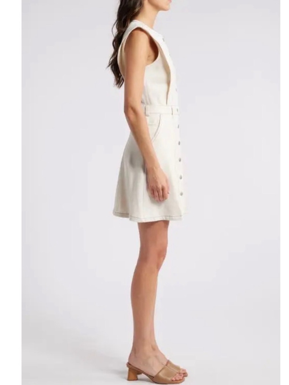 Mila Mae Beige Cotton Denim Button Front Mini Dress Cream Sleeveless Size S - Picture 2 of 9